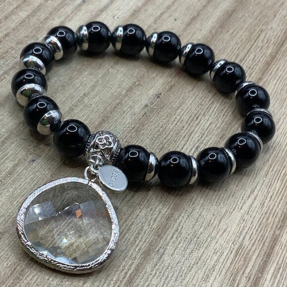 Chico's Crystal Silver Tone Black Faceted Stretch Bracelet - Picture 1 of 6